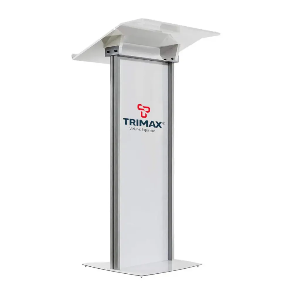 Pupitru pentru conferinte si evenimente cu picioare din profil de aluminiu semioval si plexic alb-trimax