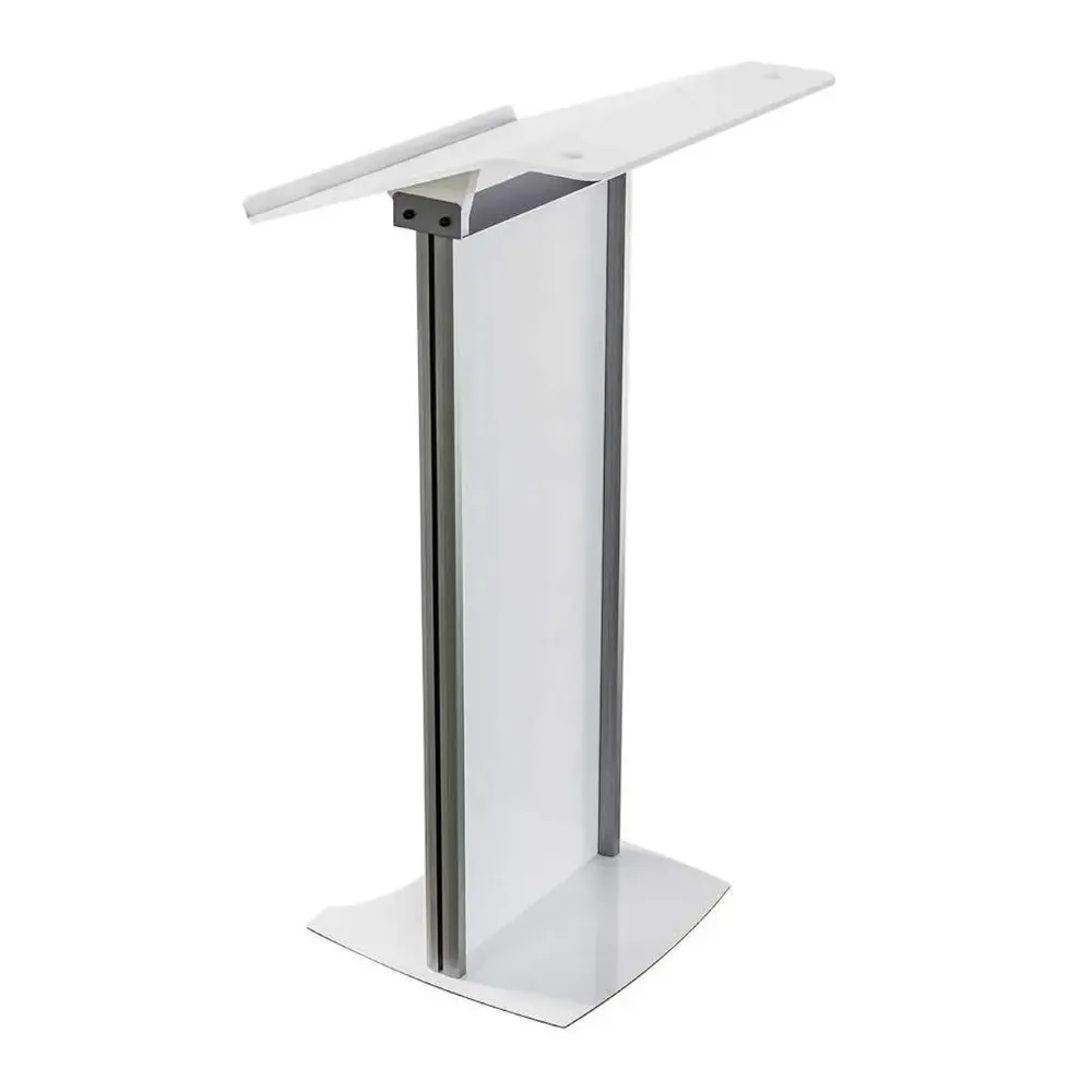 Pupitru pentru conferinte si evenimente cu picioare din profil de aluminiu semioval si plexic alb-trimax