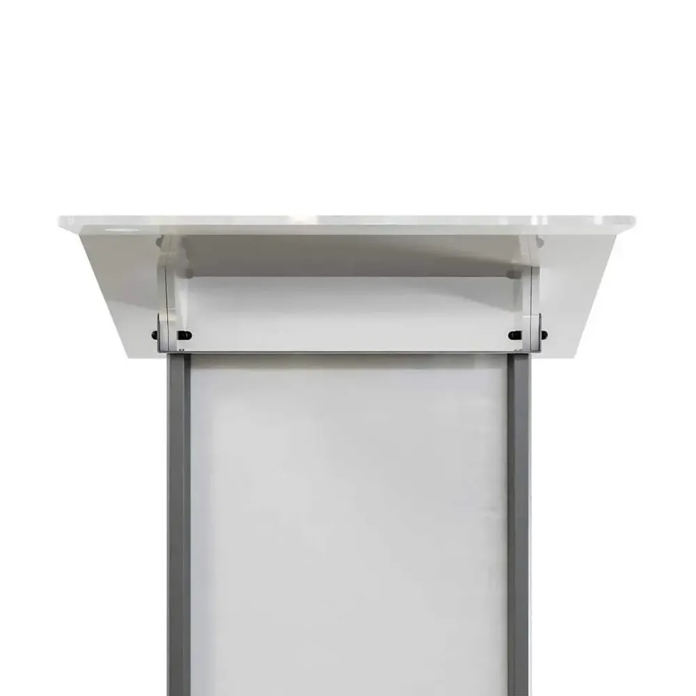 Pupitru pentru conferinte si evenimente cu picioare din profil de aluminiu semioval si plexic alb-trimax