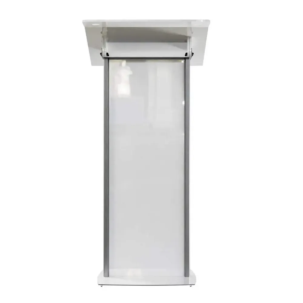 Pupitru pentru conferinte si evenimente cu picioare din profil de aluminiu semioval si plexic alb-trimax