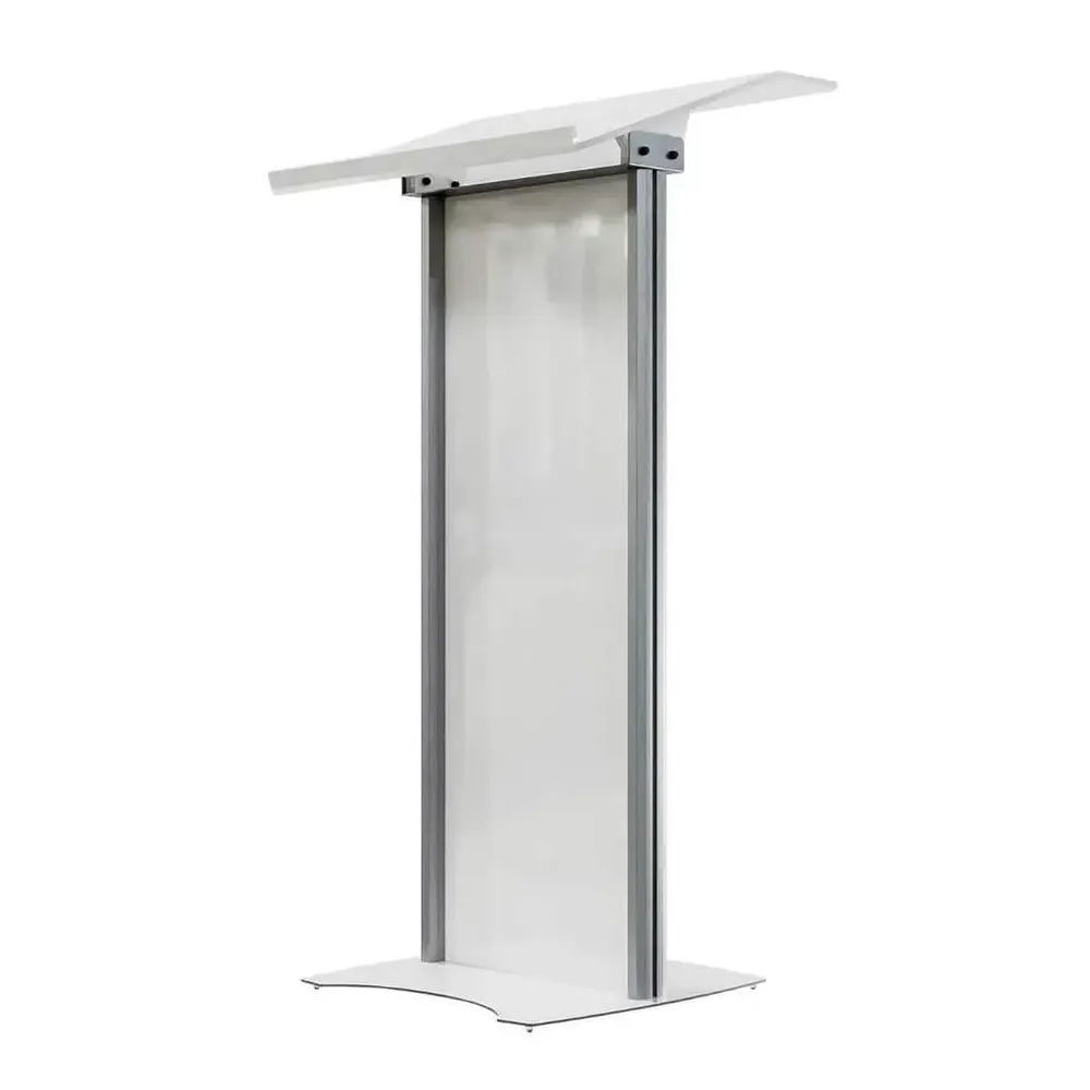 Pupitru pentru conferinte si evenimente cu picioare din profil de aluminiu semioval si plexic alb-trimax