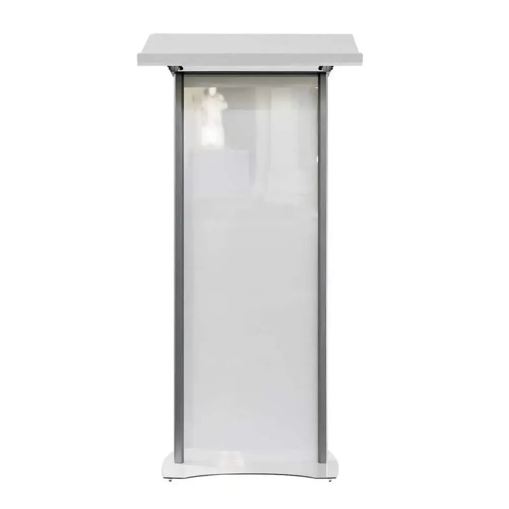Pupitru pentru conferinte si evenimente cu picioare din profil de aluminiu semioval si plexic alb-trimax