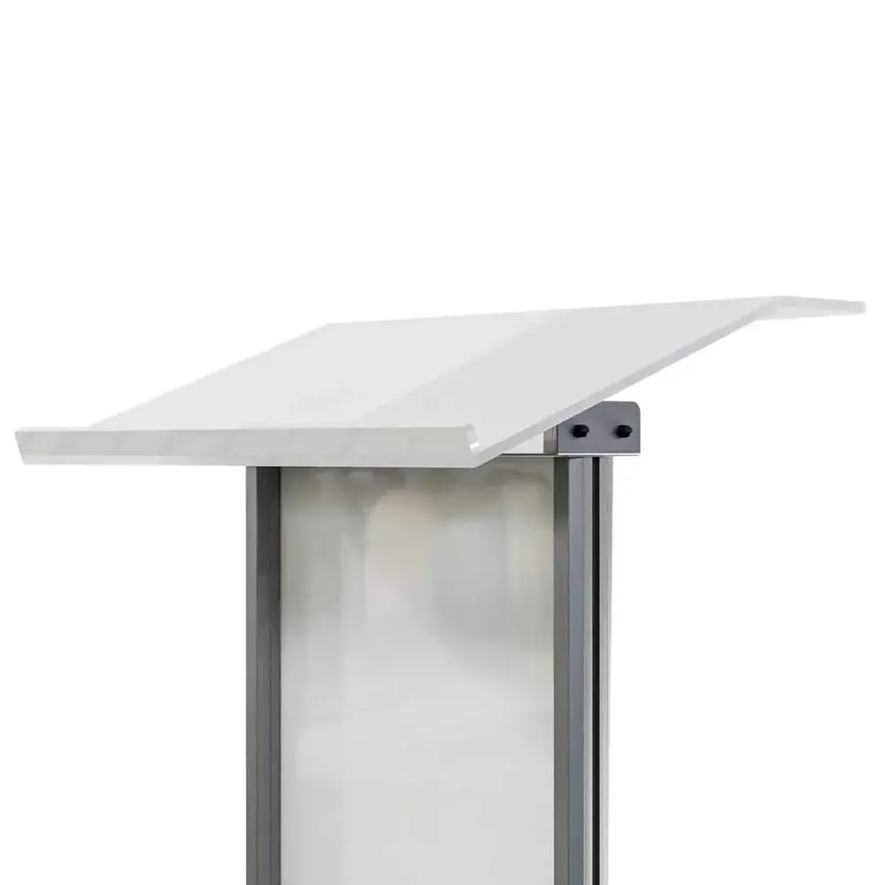 Pupitru pentru conferinte si evenimente cu picioare din profil de aluminiu semioval si plexic alb-trimax