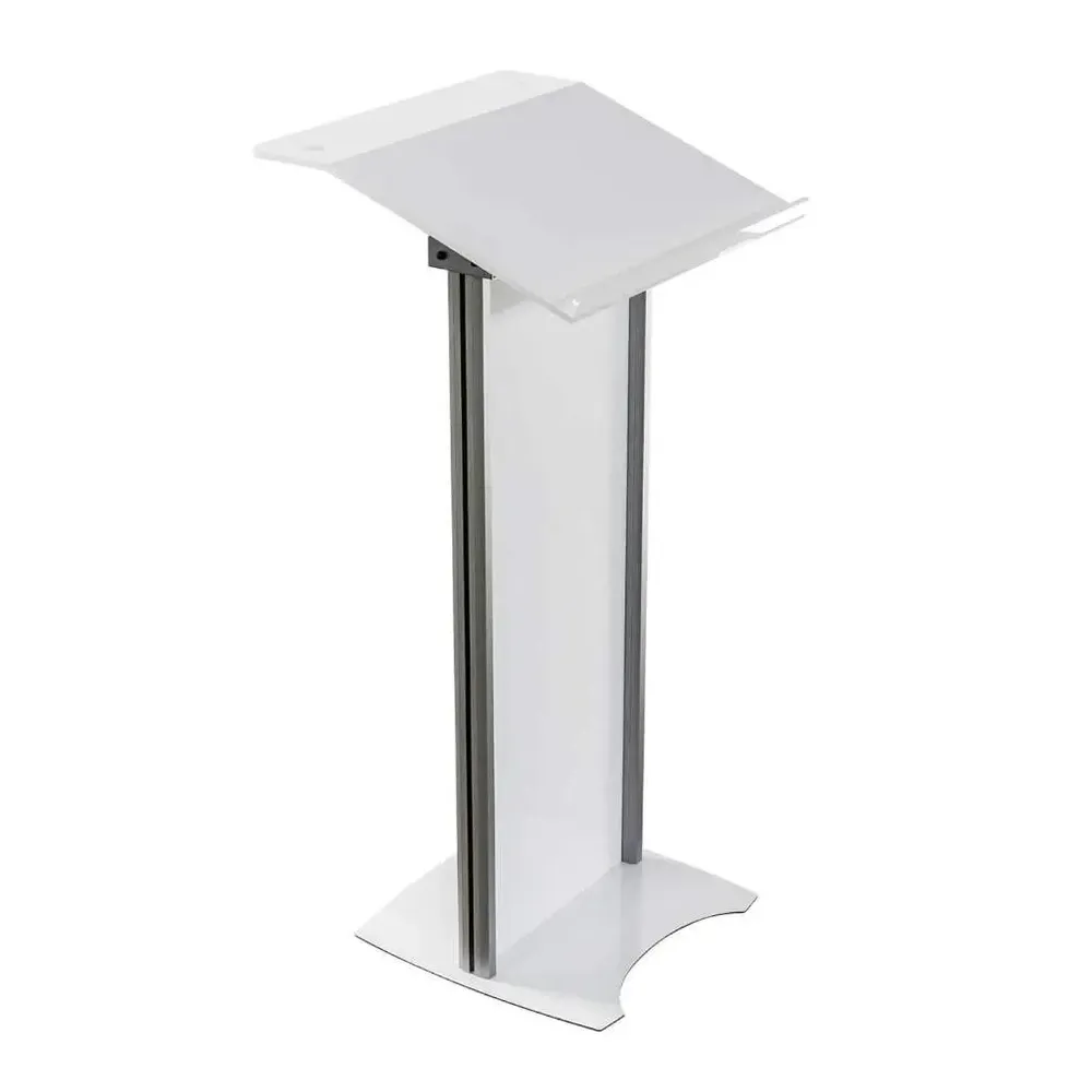 Pupitru pentru conferinte si evenimente cu picioare din profil de aluminiu semioval si plexic alb-trimax