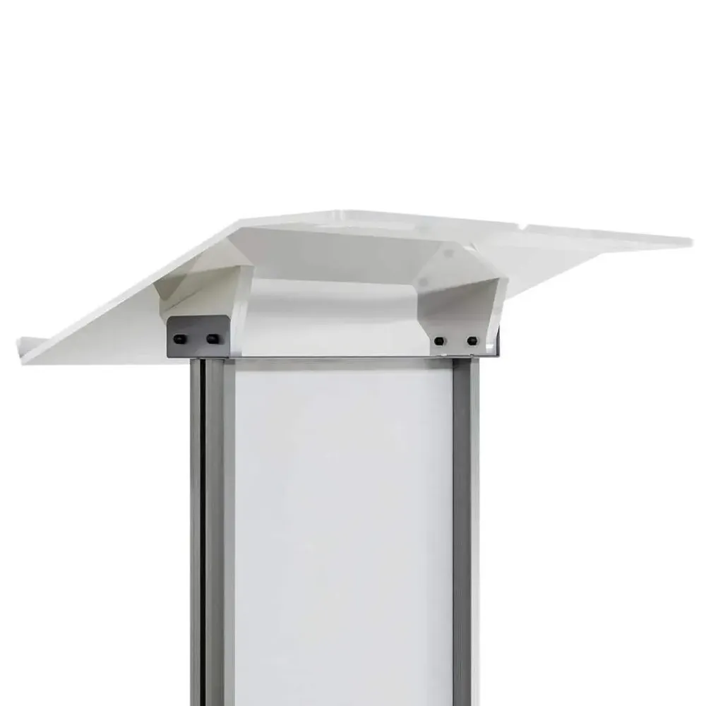 Pupitru pentru conferinte si evenimente cu picioare din profil de aluminiu semioval si plexic alb-trimax