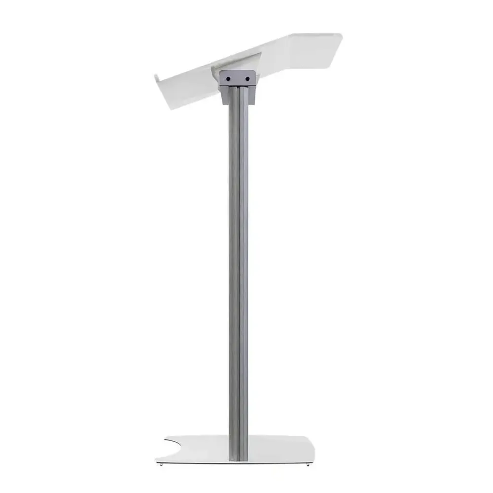 Pupitru pentru conferinte si evenimente cu picioare din profil de aluminiu semioval si plexic alb-trimax